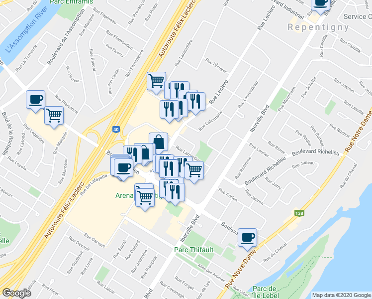 map of restaurants, bars, coffee shops, grocery stores, and more near 115 Rue Lamartine in Repentigny
