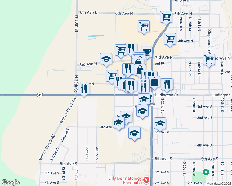map of restaurants, bars, coffee shops, grocery stores, and more near 2403-2599 Ludington St in Escanaba