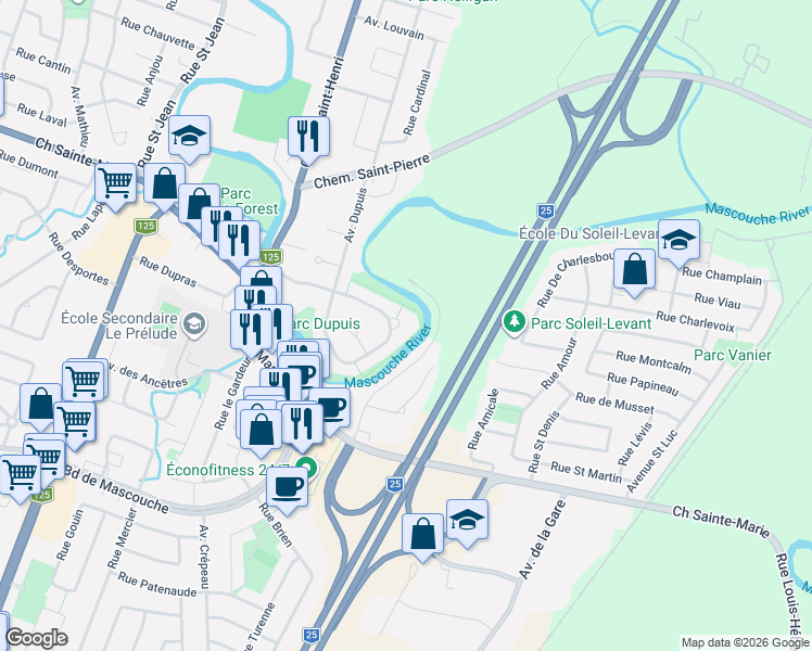 map of restaurants, bars, coffee shops, grocery stores, and more near 974 Avenue Dupuis in Mascouche