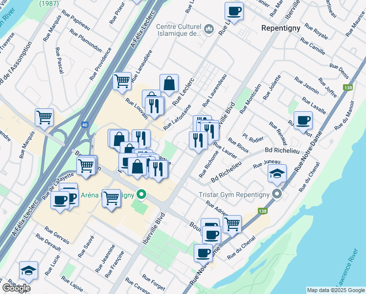 map of restaurants, bars, coffee shops, grocery stores, and more near 65 Rue Langelier in Repentigny