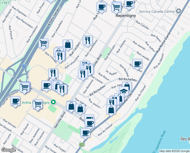 map of restaurants, bars, coffee shops, grocery stores, and more near 53 Rue Laurier in Repentigny