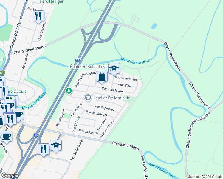 map of restaurants, bars, coffee shops, grocery stores, and more near Rue Charlevoix in Mascouche