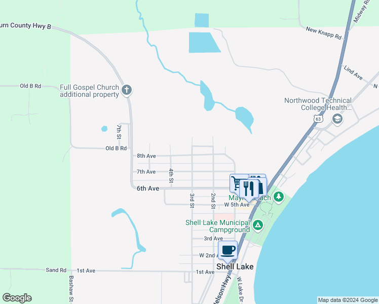 map of restaurants, bars, coffee shops, grocery stores, and more near 301 8th Avenue in Shell Lake