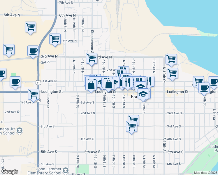 map of restaurants, bars, coffee shops, grocery stores, and more near 1500 Ludington Street in Escanaba