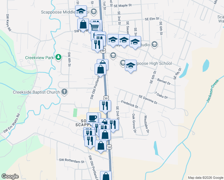 map of restaurants, bars, coffee shops, grocery stores, and more near 33696 Southeast Davona Drive in Scappoose