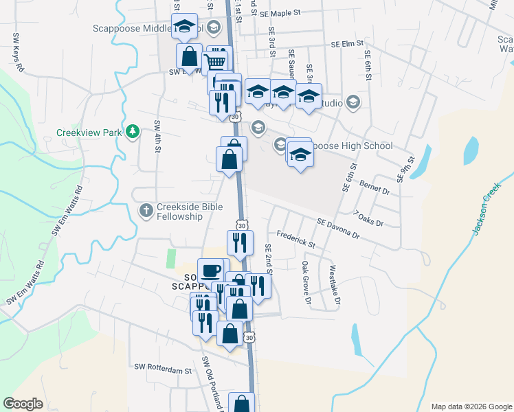 map of restaurants, bars, coffee shops, grocery stores, and more near 33696 Southeast Davona Drive in Scappoose