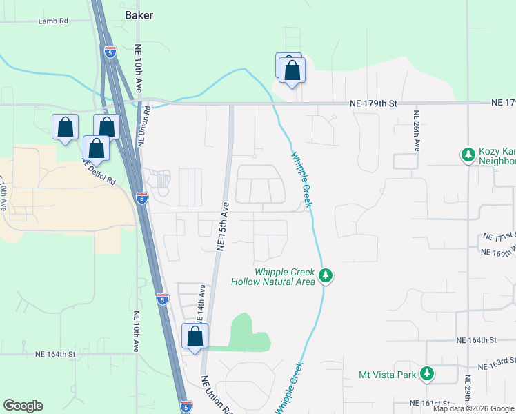 map of restaurants, bars, coffee shops, grocery stores, and more near 1715 Northeast 173rd Way in Ridgefield