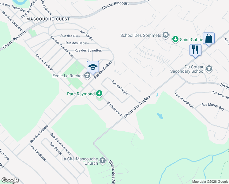 map of restaurants, bars, coffee shops, grocery stores, and more near 1370 Rue de l'Aigle in Mascouche