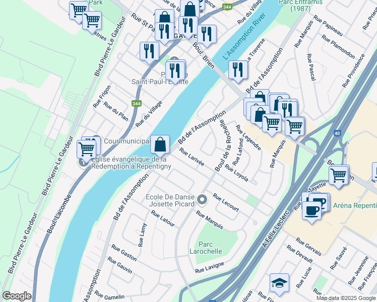 map of restaurants, bars, coffee shops, grocery stores, and more near 29 Rue Larivée in Repentigny