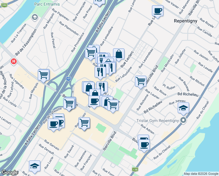 map of restaurants, bars, coffee shops, grocery stores, and more near Rue Leblanc in Repentigny