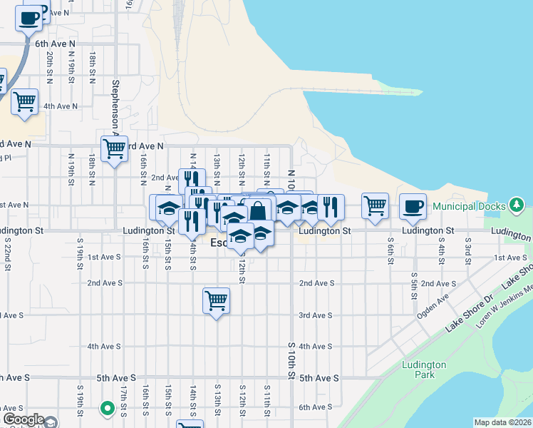map of restaurants, bars, coffee shops, grocery stores, and more near 121 11th Street North in Escanaba