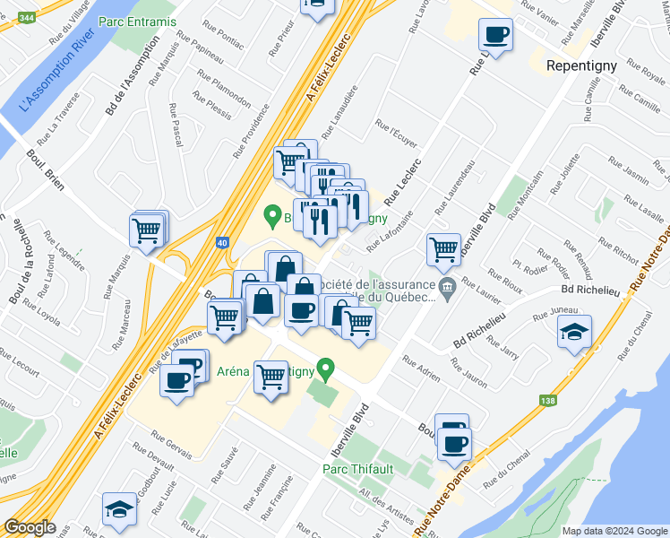 map of restaurants, bars, coffee shops, grocery stores, and more near Rue Leblanc in Repentigny