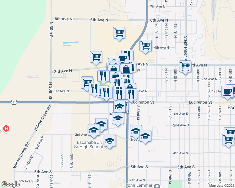map of restaurants, bars, coffee shops, grocery stores, and more near 2498 1st Avenue North in Escanaba