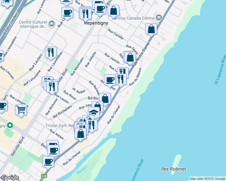 map of restaurants, bars, coffee shops, grocery stores, and more near 577 Rue Notre Dame in Repentigny