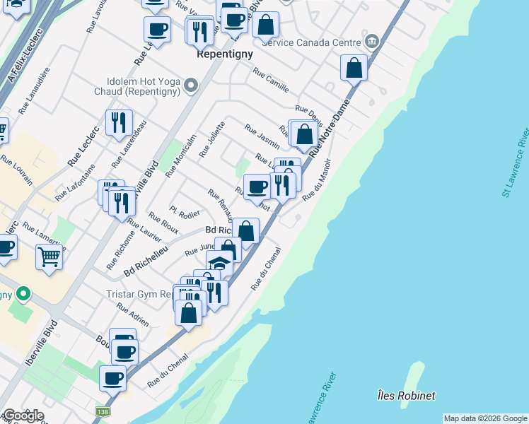 map of restaurants, bars, coffee shops, grocery stores, and more near 577 Rue Notre Dame in Repentigny