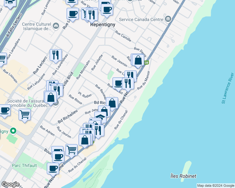 map of restaurants, bars, coffee shops, grocery stores, and more near 577 Rue Notre-Dame in Repentigny