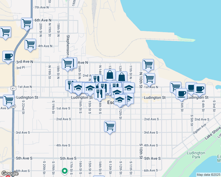 map of restaurants, bars, coffee shops, grocery stores, and more near 217 13th Street North in Escanaba