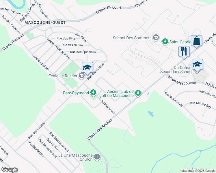 map of restaurants, bars, coffee shops, grocery stores, and more near 1450 Rue de l'Aigle in Mascouche