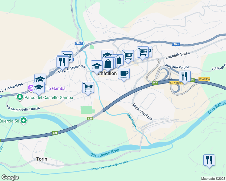 map of restaurants, bars, coffee shops, grocery stores, and more near 12 Via Don Bosco in Châtillon