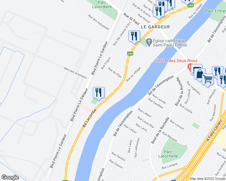 map of restaurants, bars, coffee shops, grocery stores, and more near 257 Boulevard Lacombe in Repentigny