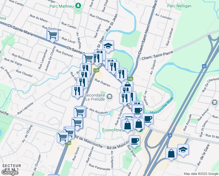 map of restaurants, bars, coffee shops, grocery stores, and more near 2930 Rue Dupras in Mascouche
