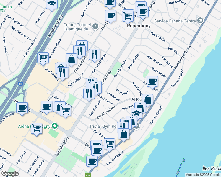 map of restaurants, bars, coffee shops, grocery stores, and more near 564 Rue Montcalm in Repentigny