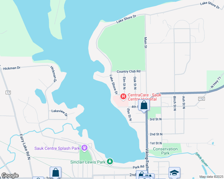 map of restaurants, bars, coffee shops, grocery stores, and more near 511 Lake Shore Drive in Sauk Centre