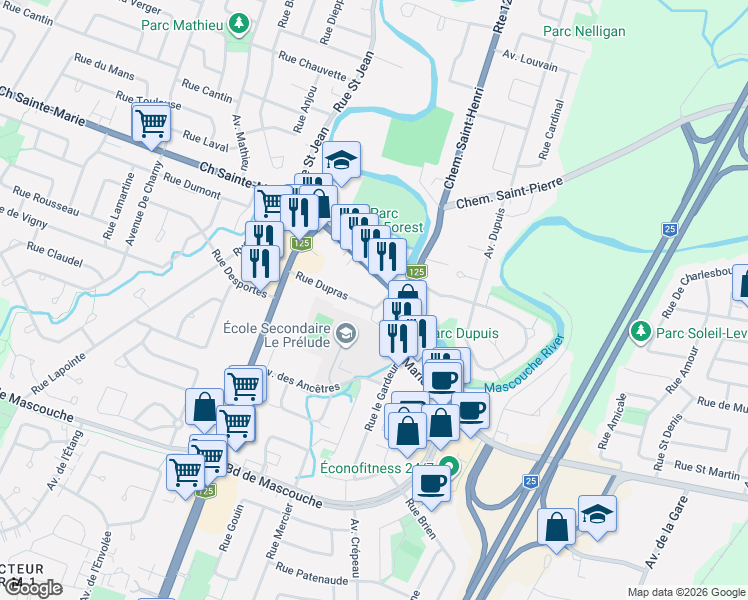 map of restaurants, bars, coffee shops, grocery stores, and more near 2953 Rue Dupras in Mascouche