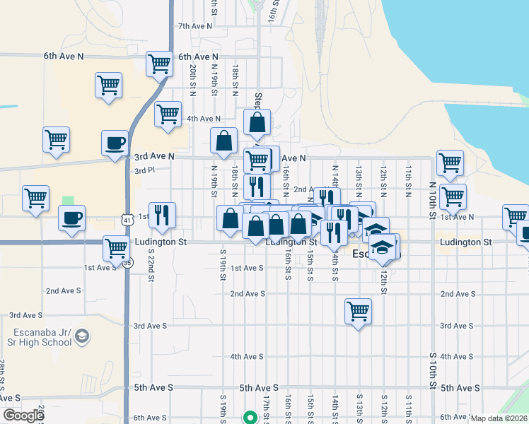 map of restaurants, bars, coffee shops, grocery stores, and more near 200-298 Stephenson Ave in Escanaba