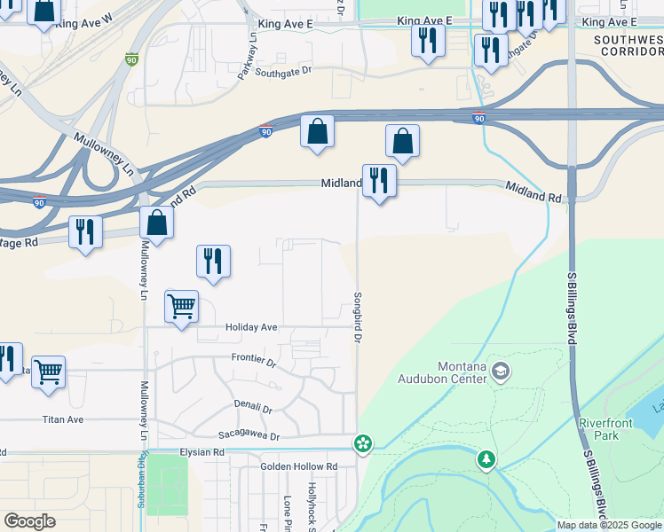 map of restaurants, bars, coffee shops, grocery stores, and more near 1233 Weil Street in Billings