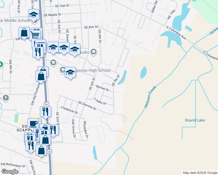 map of restaurants, bars, coffee shops, grocery stores, and more near 33953 Bernet Drive in Scappoose
