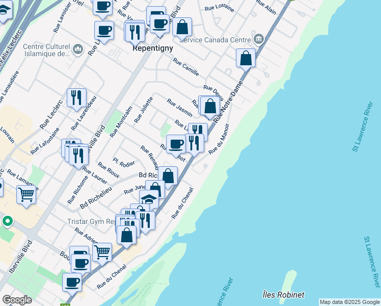 map of restaurants, bars, coffee shops, grocery stores, and more near 581 Rue Notre Dame in Repentigny
