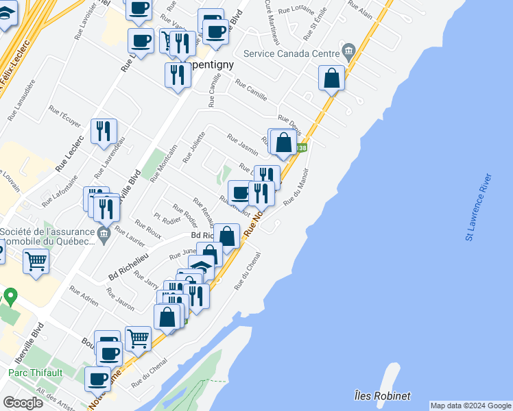 map of restaurants, bars, coffee shops, grocery stores, and more near 581 Rue Notre Dame in Repentigny