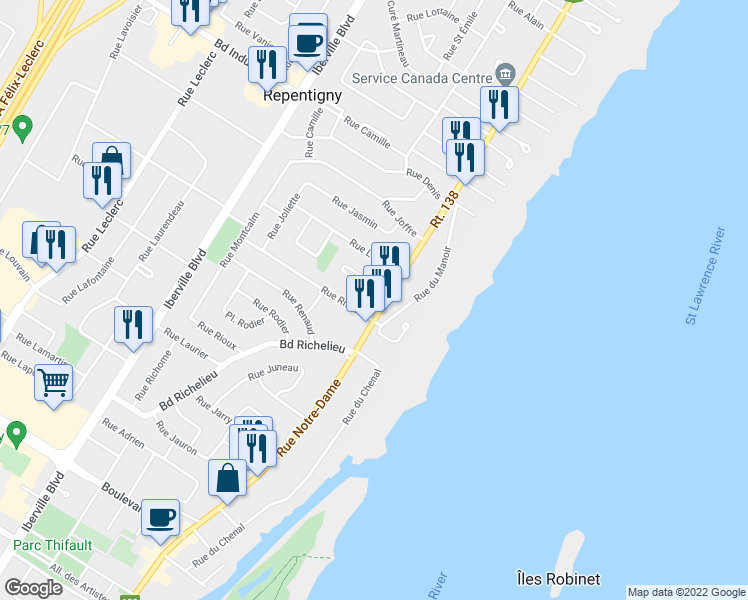 map of restaurants, bars, coffee shops, grocery stores, and more near 581 Rue Notre Dame in Repentigny