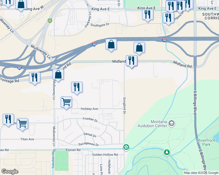 map of restaurants, bars, coffee shops, grocery stores, and more near 1233 Weil Street in Billings