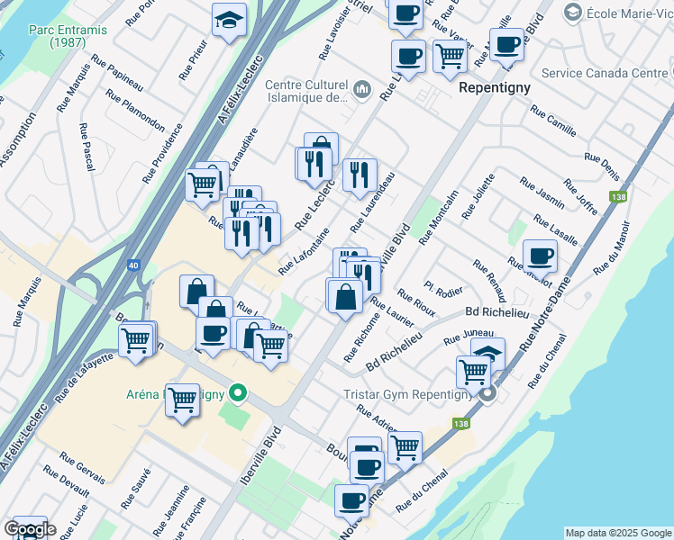 map of restaurants, bars, coffee shops, grocery stores, and more near 105 Rue Laurier in Repentigny