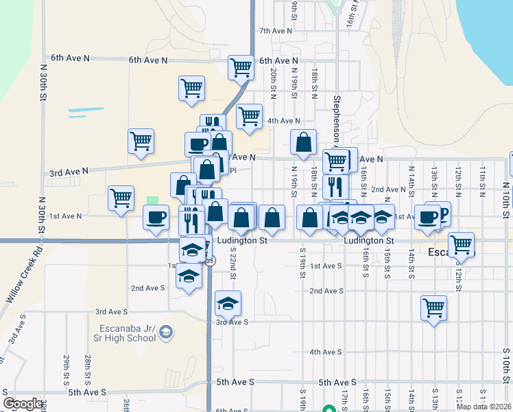 map of restaurants, bars, coffee shops, grocery stores, and more near 204 North 21st Street in Escanaba