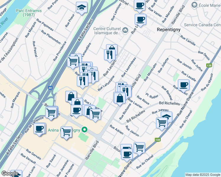 map of restaurants, bars, coffee shops, grocery stores, and more near 523 Rue Laurendeau in Repentigny