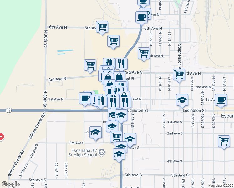 map of restaurants, bars, coffee shops, grocery stores, and more near 2300-2498 1st Avenue North in Escanaba