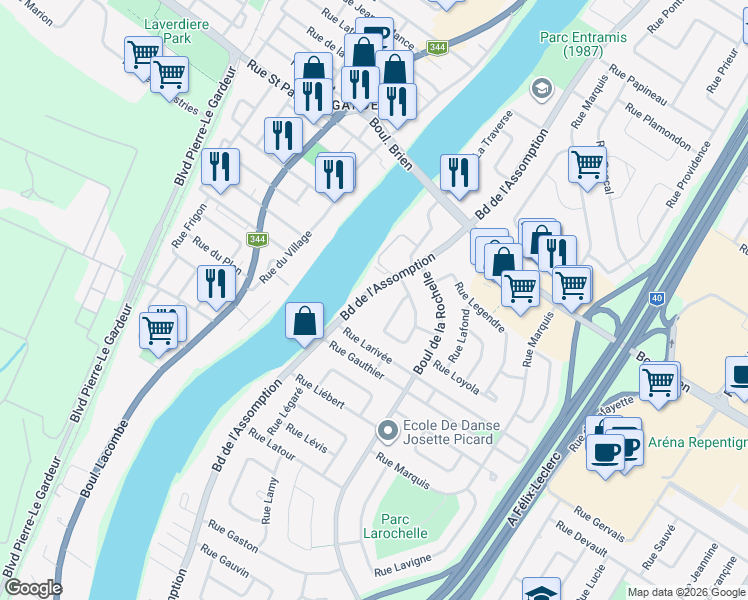 map of restaurants, bars, coffee shops, grocery stores, and more near 470 Boulevard de l'Assomption in Repentigny