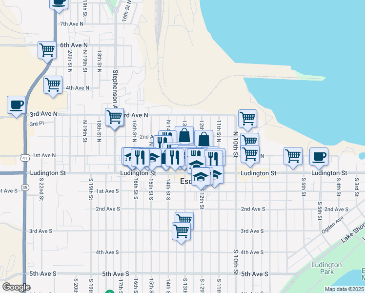 map of restaurants, bars, coffee shops, grocery stores, and more near 217 13th Street North in Escanaba