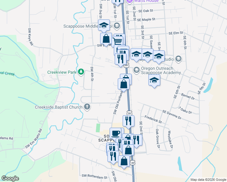 map of restaurants, bars, coffee shops, grocery stores, and more near 33445 Southwest Sycamore Street in Scappoose
