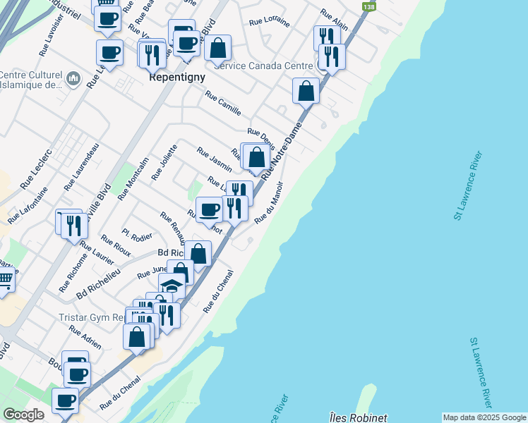 map of restaurants, bars, coffee shops, grocery stores, and more near 601 Rue du Manoir in Repentigny