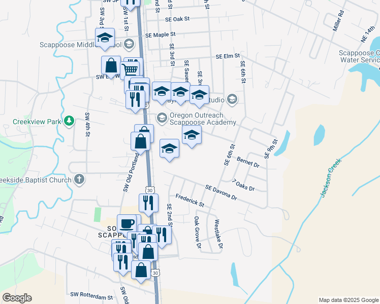 map of restaurants, bars, coffee shops, grocery stores, and more near 33700 Southeast High School Way in Scappoose