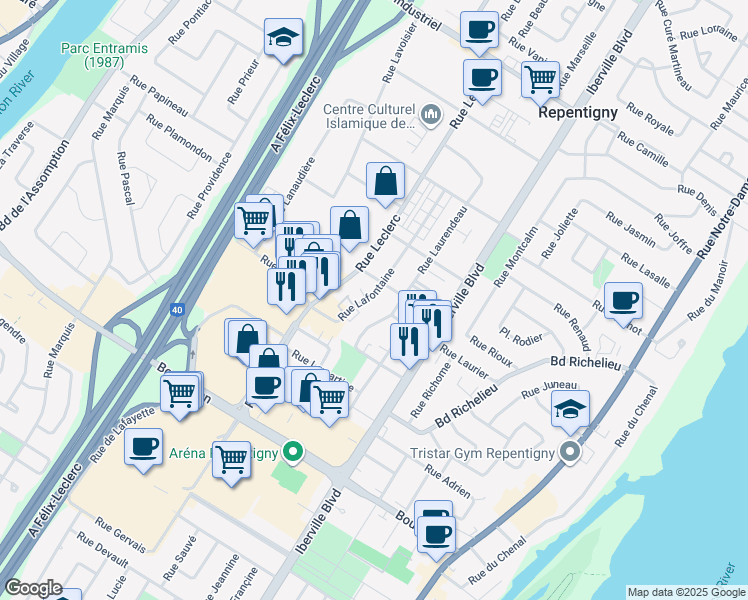 map of restaurants, bars, coffee shops, grocery stores, and more near 526 Rue Lafontaine in Repentigny