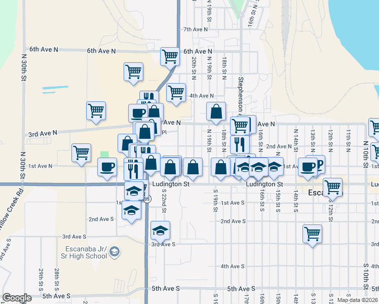 map of restaurants, bars, coffee shops, grocery stores, and more near 204 21st Street North in Escanaba