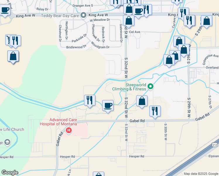 map of restaurants, bars, coffee shops, grocery stores, and more near 1205 North Transtech Way in Billings