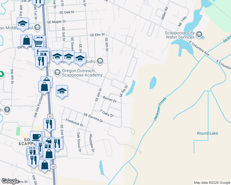 map of restaurants, bars, coffee shops, grocery stores, and more near 33953 Bernet Drive in Scappoose