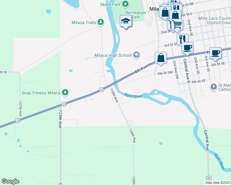 map of restaurants, bars, coffee shops, grocery stores, and more near 515 Southwest River Drive in Milaca