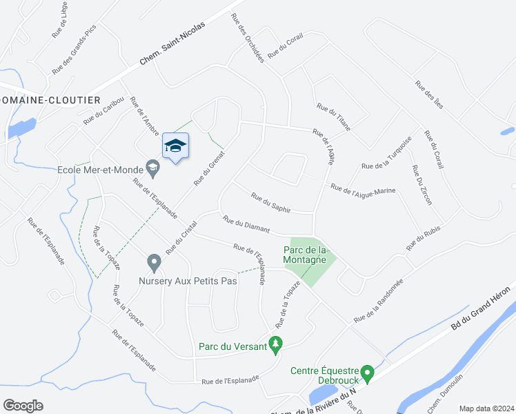 map of restaurants, bars, coffee shops, grocery stores, and more near 16860 Rue du Saphir in Mirabel